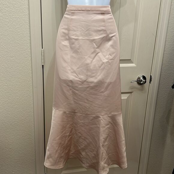 Expressss Skirt Sz 8 Light Pink Slimming Ruffle Front Side Zipper Midi New Silky - Picture 6 of 8